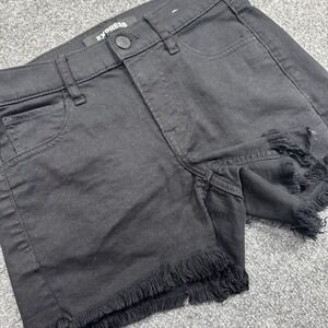 Express Supersoft Shortie Women's Black Denim Shorts‎ Size 2 Mid Rise Frayed Hem